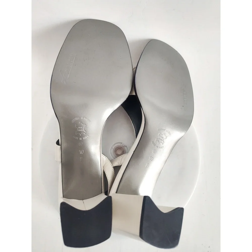 Amalfi Sandals 10 90s Slingback‎ Cream Leather Square Toe Block Heel Italy Vtg